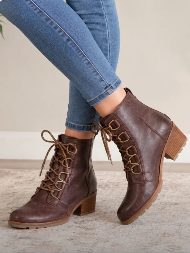 Sorel Brown “Cate”Lace-Up Block Heel Ankle Boots